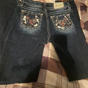 Miss Me Dark Blue Cropped Jeans with Embellished Pockets